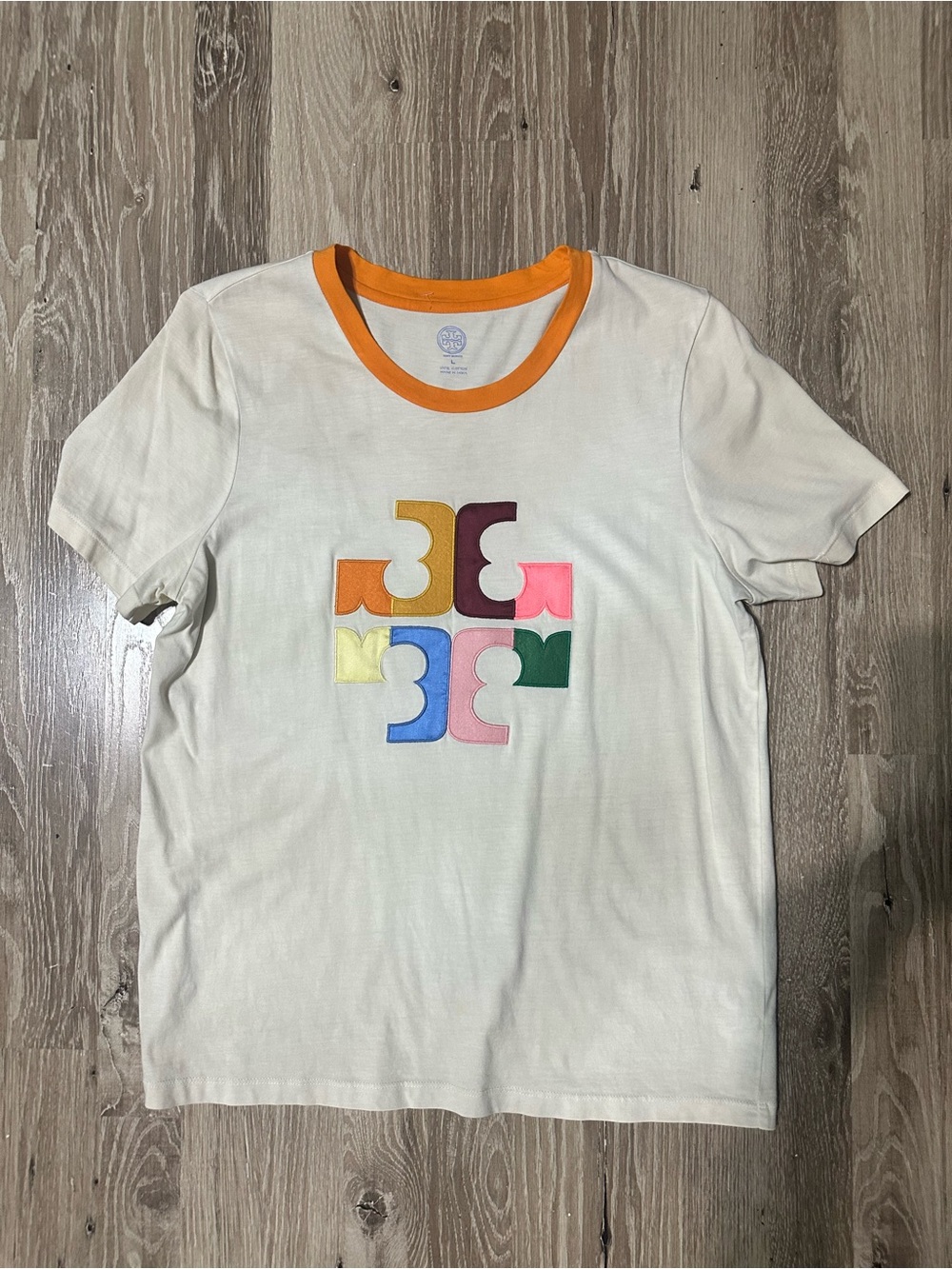 Tory Burch Cream Graphic Tee with Orange Trim and Multicolor Appliqué Large - Picture 3 of 7